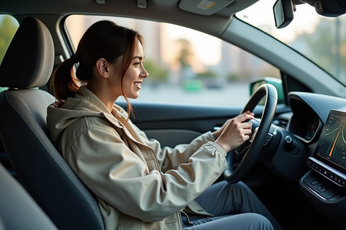 Jeune femme dans la voiture regardant l
