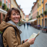 Femme souriante avec carte dans une ville européenne