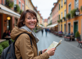 Femme souriante avec carte dans une ville européenne