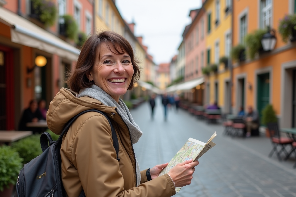 Femme souriante avec carte dans une ville européenne