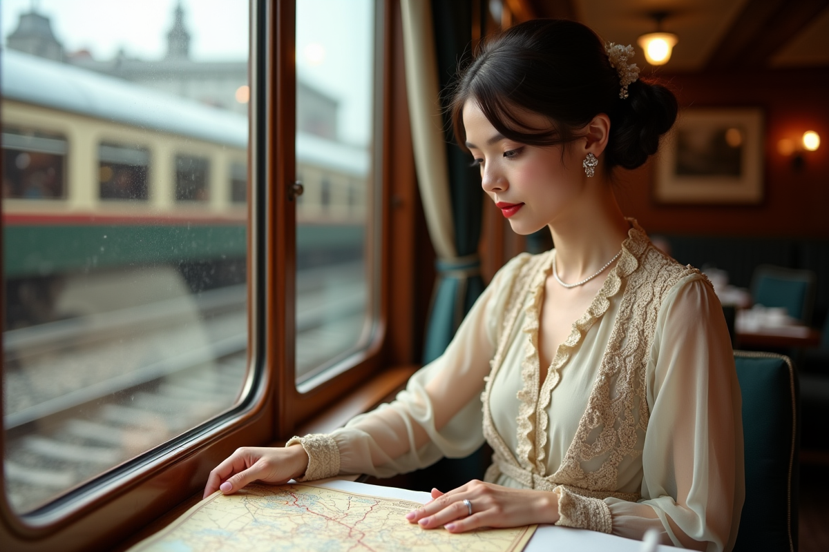 Jeune femme en tenue 1920 dans un wagon du train Orient Express