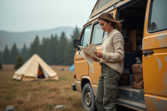 Jeune femme regardant une carte près d un van en pleine nature