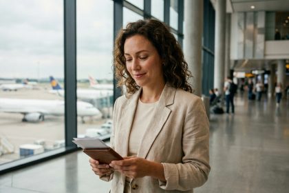 Femme voyageuse sereine consultant ses documents d'assurance dans un terminal d'aéroport international