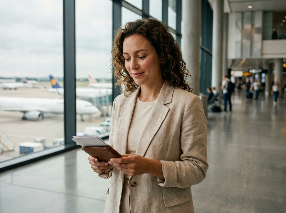 Femme voyageuse sereine consultant ses documents d'assurance dans un terminal d'aéroport international