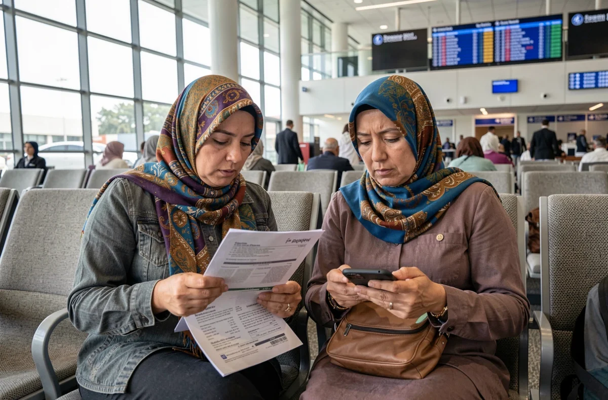Femmes pèlerines consultant des documents de voyage pour le Hajj dans un aéroport international