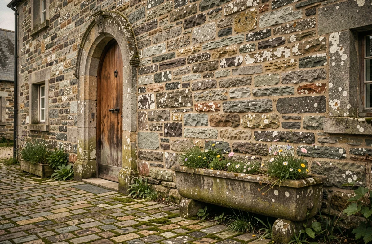 Extérieur en pierre calcaire médiévale de La Ferme de la Rançonnière à Crépon avec cour pavée de vieux pavés et fleurs sauvages