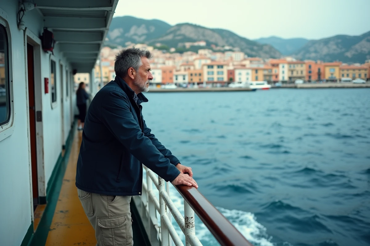 Passager sur le pont d'un ferry observant le port d'Ajaccio lors de la traversée maritime depuis Propriano