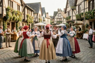 Danseurs en costumes traditionnels normands célébrant un festival estival sur une place de village à colombages