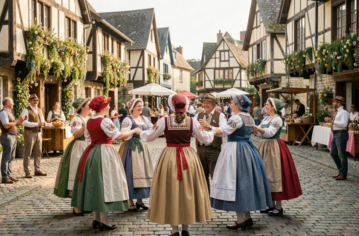 Danseurs en costumes traditionnels normands célébrant un festival estival sur une place de village à colombages