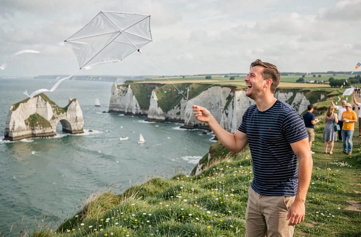 Jeune homme en marinière bretonne lâchant un cerf-volant lors d'une fête printanière sur les falaises normandes