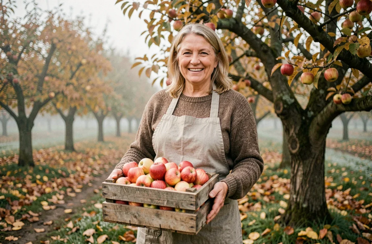Femme souriante tenant une caisse de pommes lors d'une fête de la récolte dans un verger normand en automne