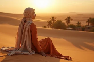 Jeune femme au coucher de soleil dans le désert de Ksar Ghilane