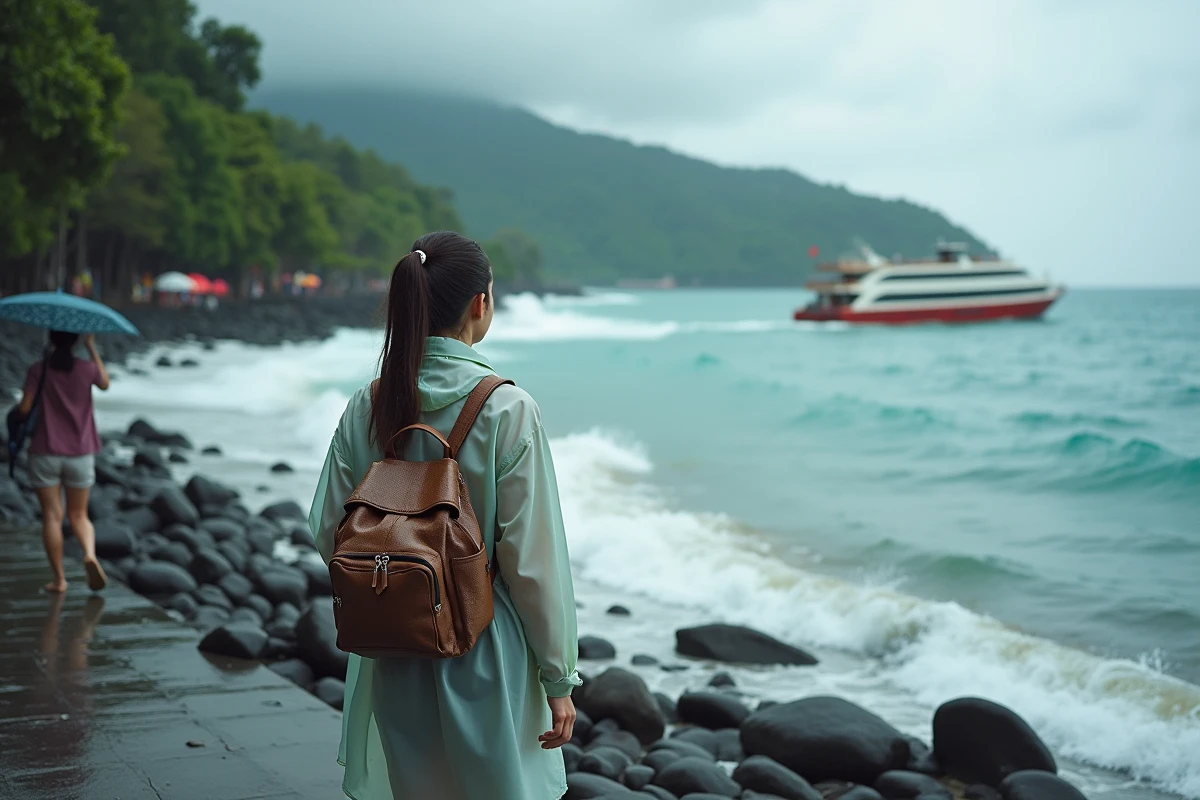 Jeune femme regardant le ferry à Padangbai sous la pluie