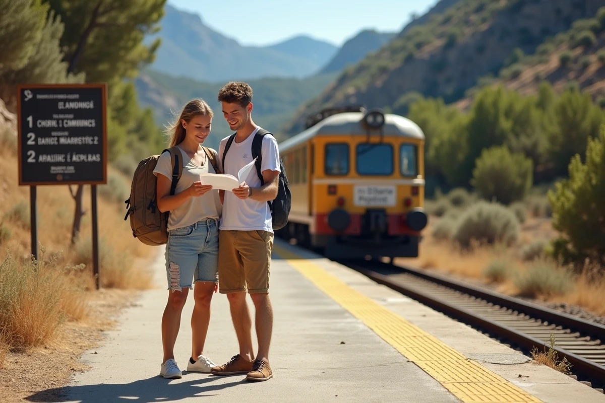 Couple de voyageurs consultant les horaires sur un quai de gare du train des Chemins de Fer de la Corse entre Propriano et Ajaccio