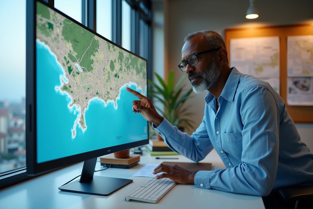Géographe sénégalais travaillant sur une carte numérique moderne du Sénégal sur un écran tactile dans un bureau de cartographie contemporain à Dakar