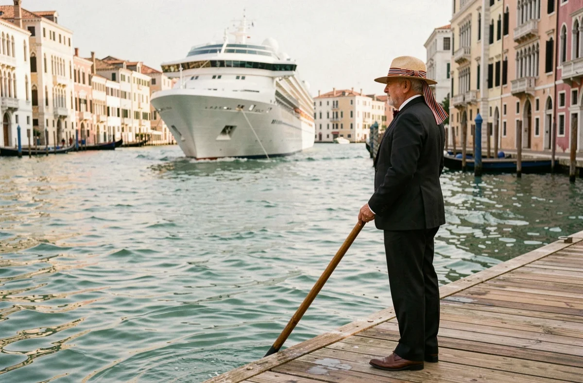 Gondolier vénitien observant un paquebot de croisière traverser le canal de la Giudecca à Venise