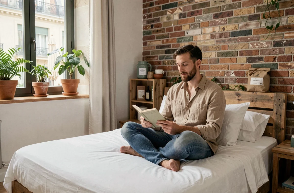 Chambre au design éco-responsable du greet Hotel Paris 13 Porte d'Italie avec décor en matériaux recyclés
