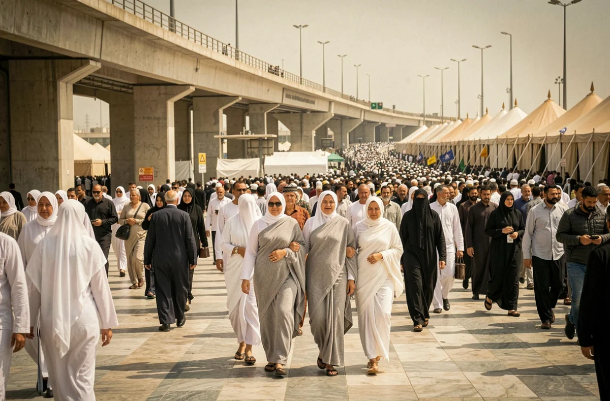 Groupe de femmes pèlerines marchant ensemble lors du Hajj près du pont de Jamarat à Mina