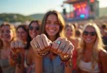 Bracelet de festival : fonctionnement et avantages pour les événements musicaux en France Jeunes souriants avec bracelets festival en plein air