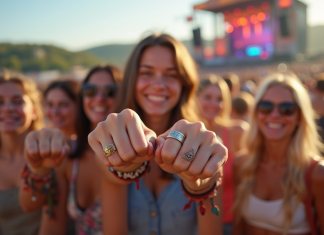 Bracelet de festival : fonctionnement et avantages pour les événements musicaux en France Jeunes souriants avec bracelets festival en plein air