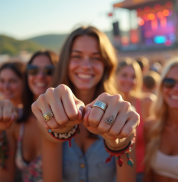 Jeunes souriants avec bracelets festival en plein air