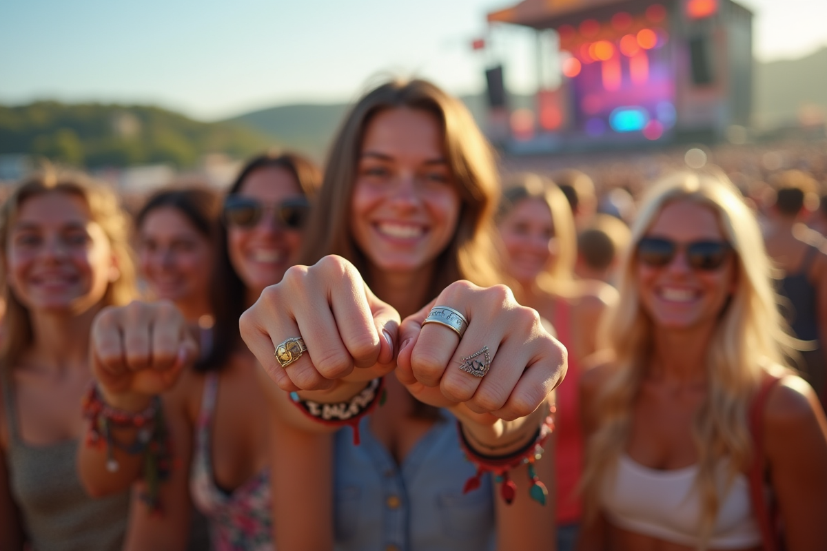 Jeunes souriants avec bracelets festival en plein air
