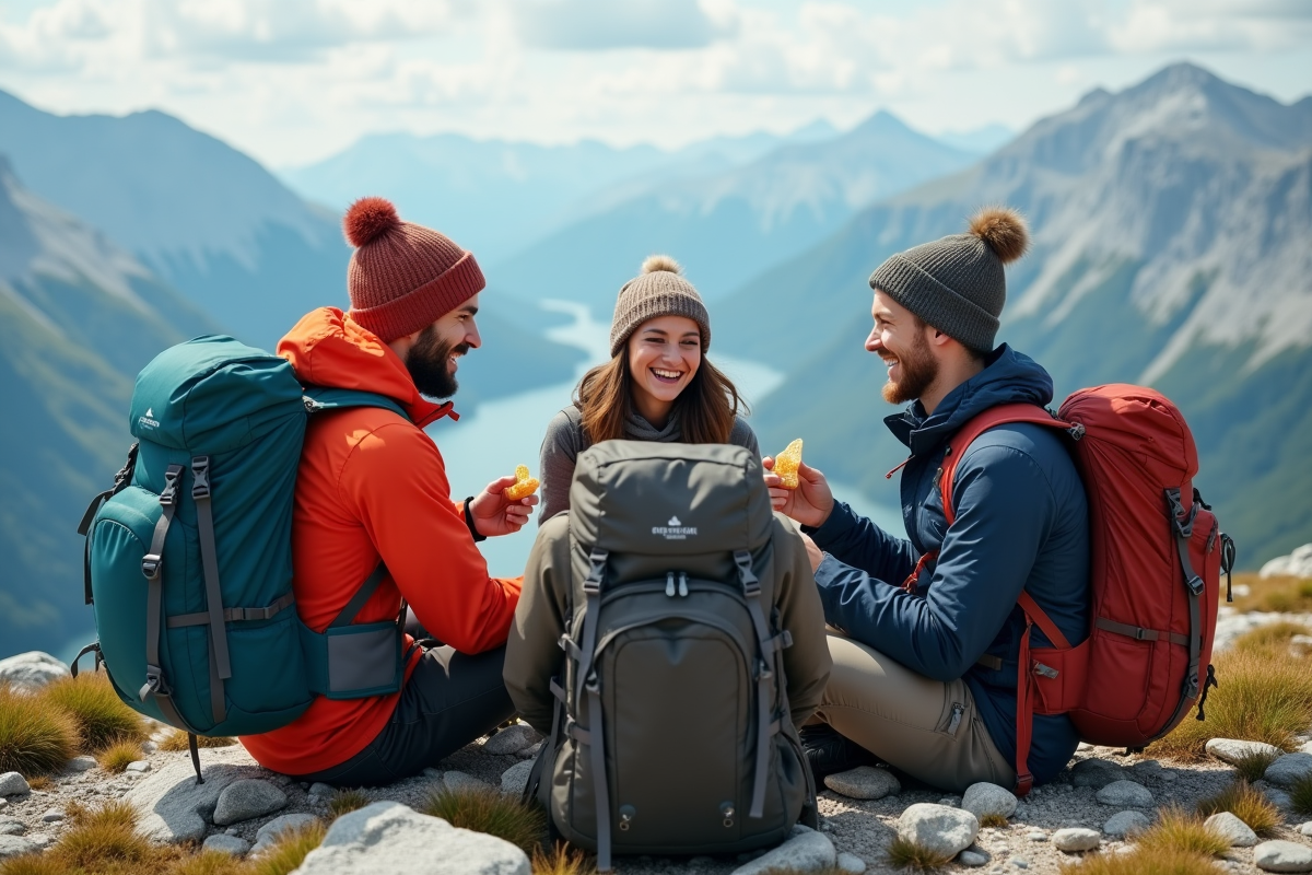 Jeunes randonneurs souriants partageant une collation en sommet