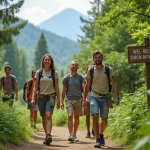 Groupe de jeunes voyageurs en nature dans une forêt verdoyante