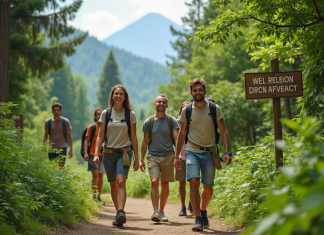 Groupe de jeunes voyageurs en nature dans une forêt verdoyante