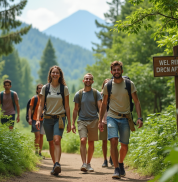 Groupe de jeunes voyageurs en nature dans une forêt verdoyante