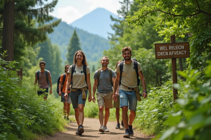 Groupe de jeunes voyageurs en nature dans une forêt verdoyante