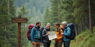 Tourisme durable vs. écotourisme : quelle différence ? Groupe de randonneurs discutant sur un sentier en forêt