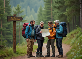 Tourisme durable vs. écotourisme : quelle différence ? Groupe de randonneurs discutant sur un sentier en forêt