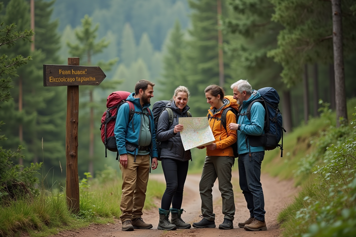 Groupe de randonneurs discutant sur un sentier en forêt