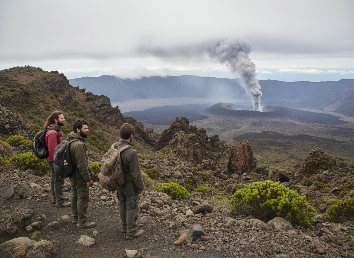 Groupe de randonneurs observant un volcan actif au Costa Rica
