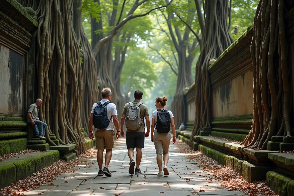 Groupe de touristes marchant sur un sentier ombragé entre les racines de banyans dans la Monkey Forest Sanctuary d'Ubud