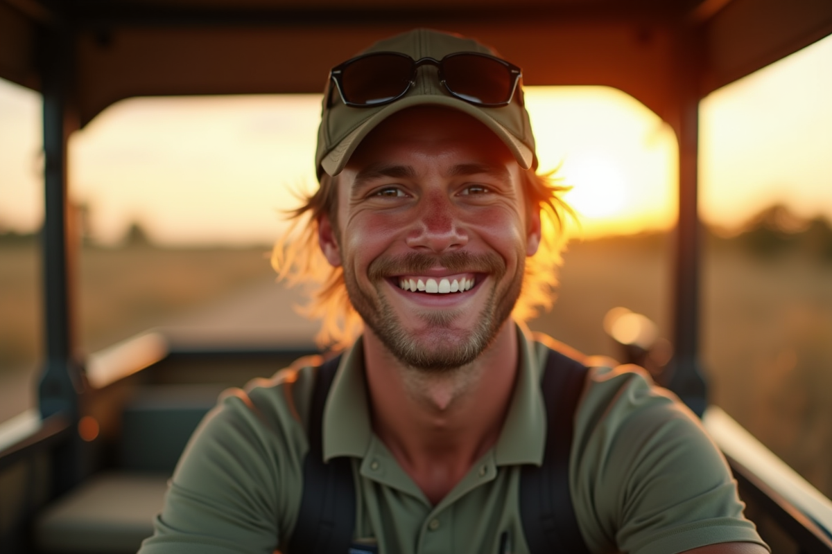 Guide de safari souriant dans un véhicule 4x4 en pleine nature