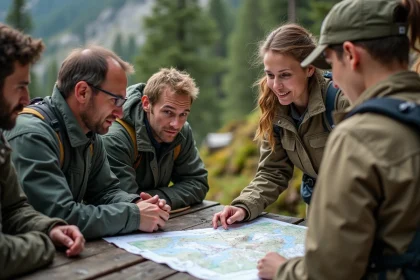 Guide professionnelle Aguila Voyages expliquant un itinéraire de sécurité sur le terrain à un groupe de voyageurs autour d'une carte topographique en montagne
