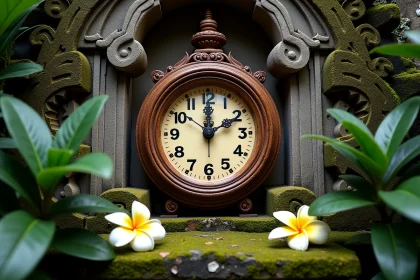 Horloge traditionnelle balinaise sur un mur de temple en pierre sculptée à Ubud montrant l'heure locale à Bali