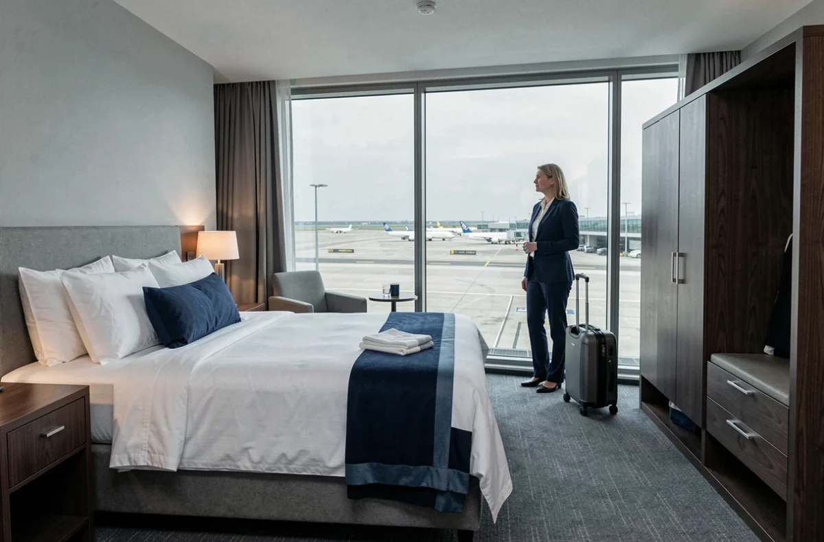 Chambre moderne du Hilton Paris Orly Airport avec vue panoramique sur le tarmac et voyageuse d'affaires