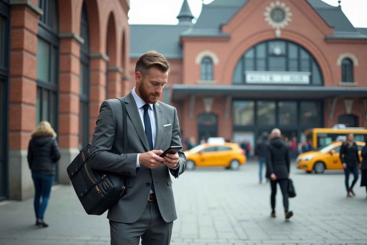 Homme d'affaires consultant son téléphone devant la façade extérieure de la gare Lille Flandres un matin de semaine chargé