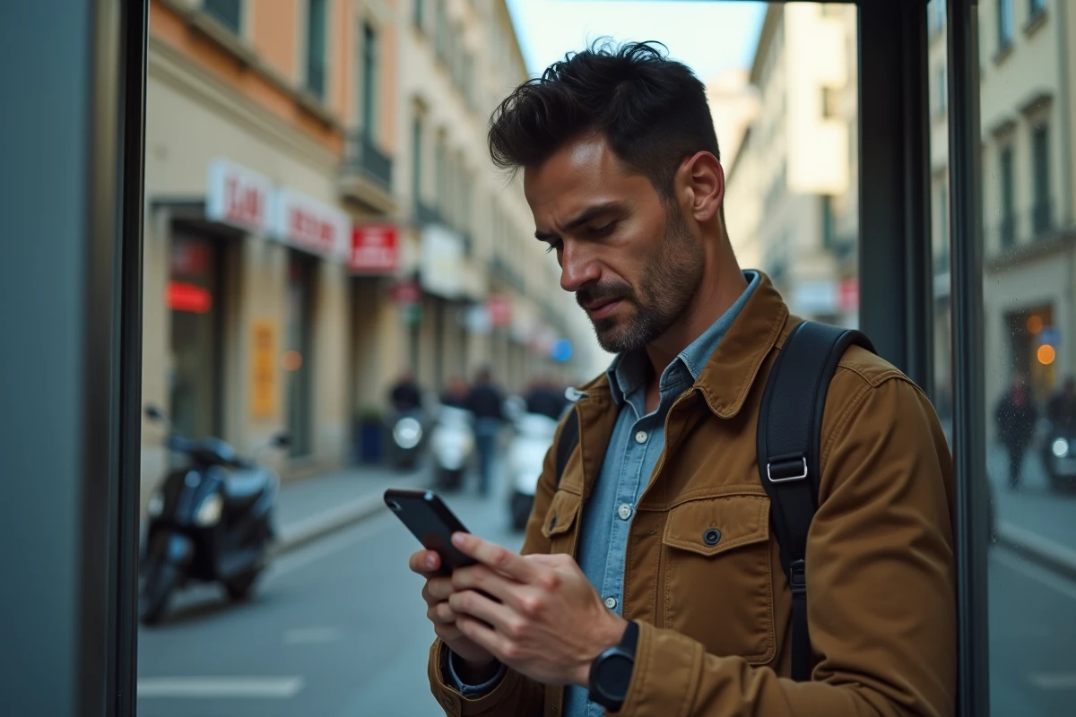 Homme dans une cabine t&eacute;l&eacute;phonique en ville anim&eacute;e