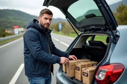 Homme arrangeant des cartons de tabac au border crossing