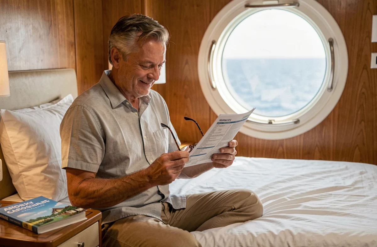 Homme d'âge mûr dans une cabine confortable de croisière économique consultant son itinéraire de voyage avec une vue sur la mer