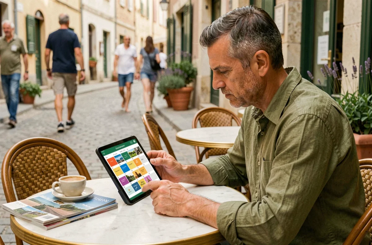 Homme consultant un calendrier de voyage sur tablette dans un café de rue français en été pour choisir la bonne période de vacances