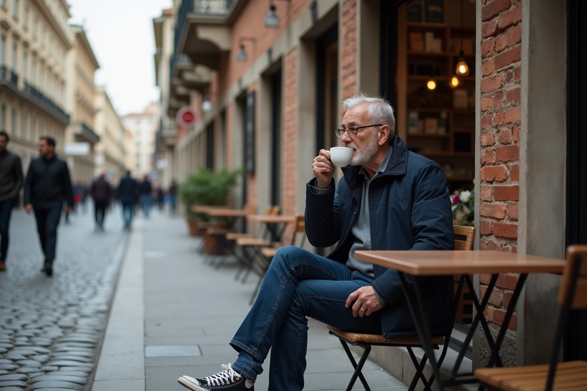 Homme dégustant un café dans le quartier juif de Budapest avec bâtiments anciens