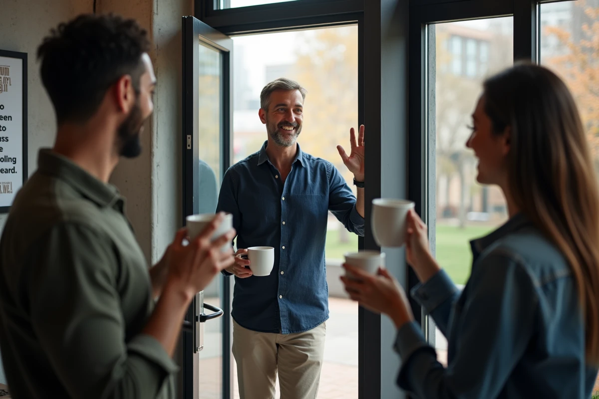 Homme saluant ses collègues avec style lors de son départ en congés dans un espace de coworking moderne