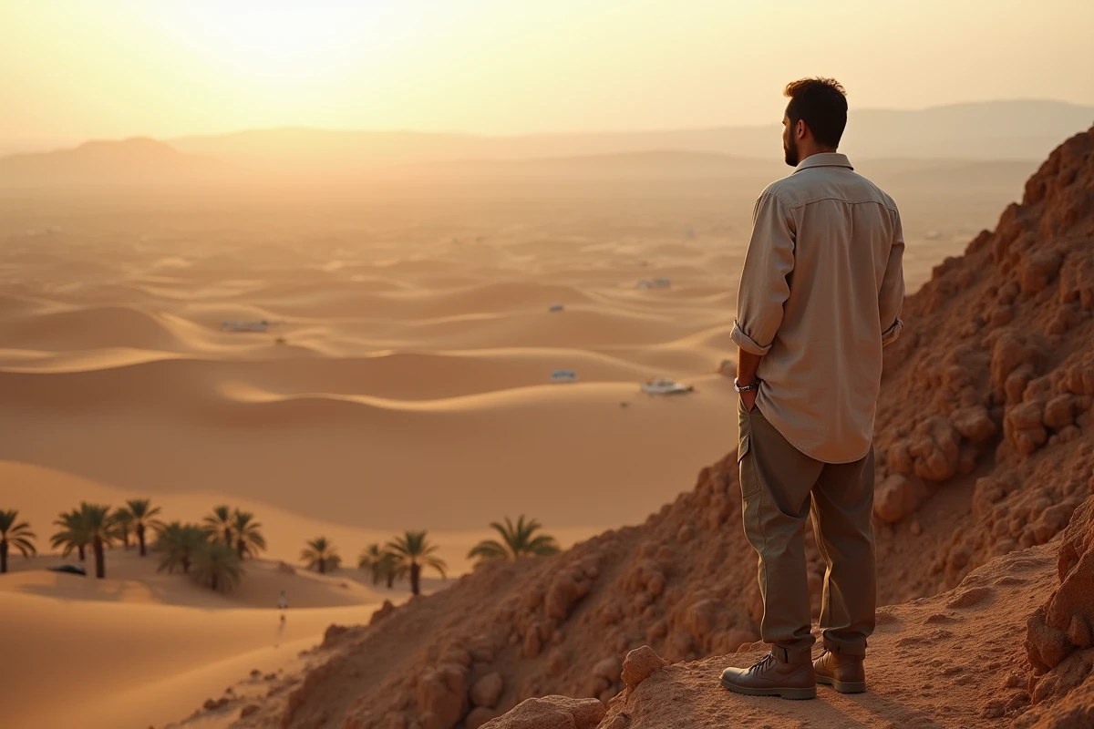 Homme en randonn&eacute;e sur un rocher dans le d&eacute;sert de Ksar Ghilane