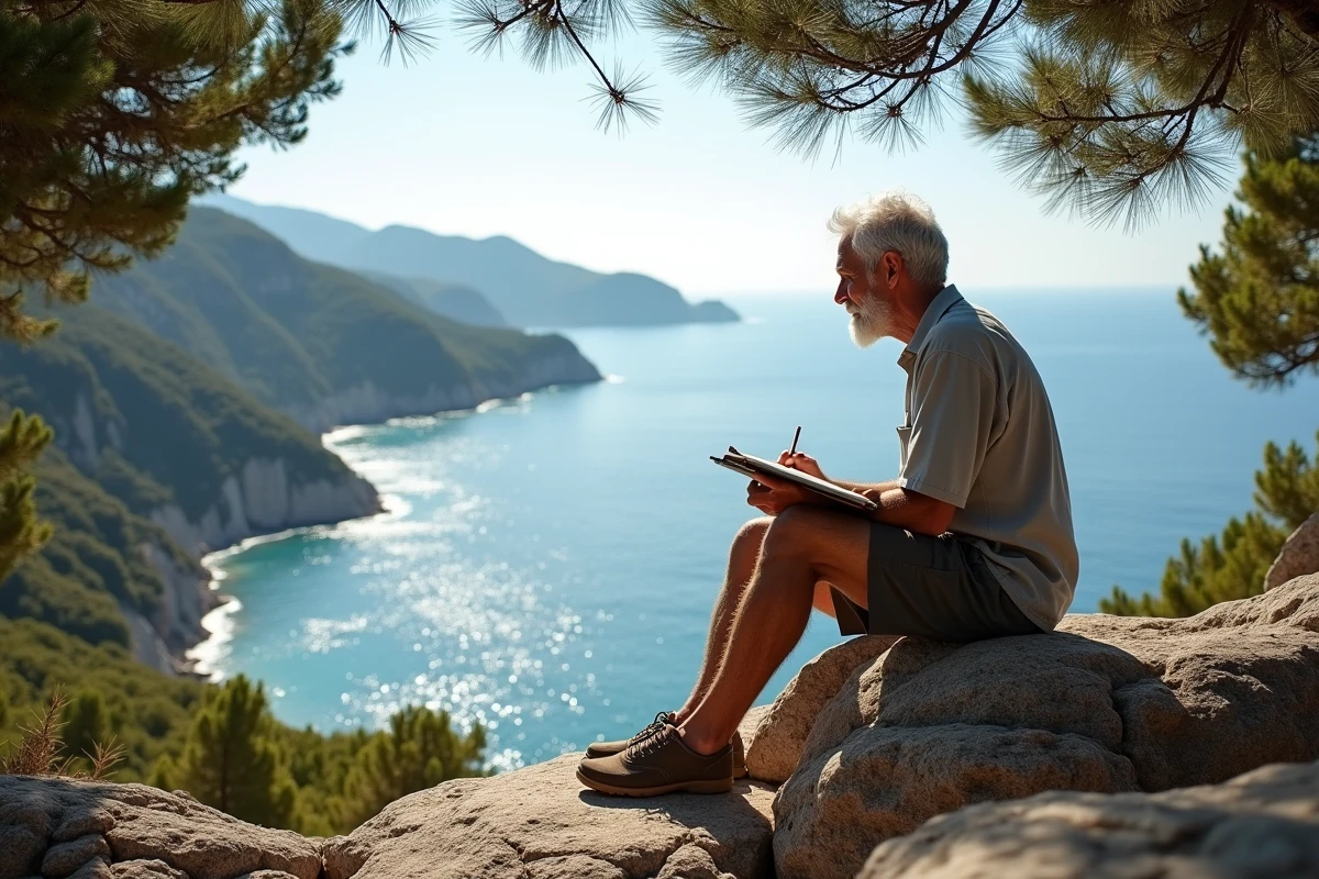 Homme &acirc;g&eacute; dessinant face &agrave; la mer m&eacute;diterran&eacute;enne