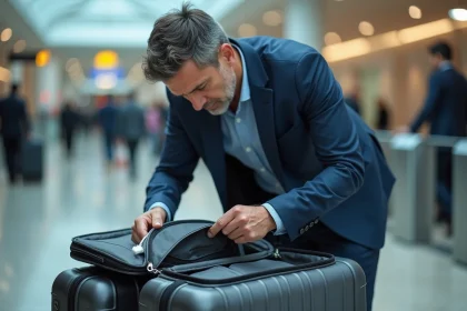 Homme en voyage zippant une valise avec coffre sécurisé